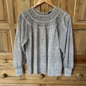 Ann Taylor Small Blouse Polka‎ Dot Pleated White Black Long Sleeve